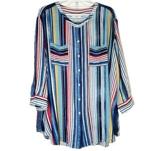 Westbound Woman Striped Button Front Blouse 2X Plus Roll Tab Sleeve Top